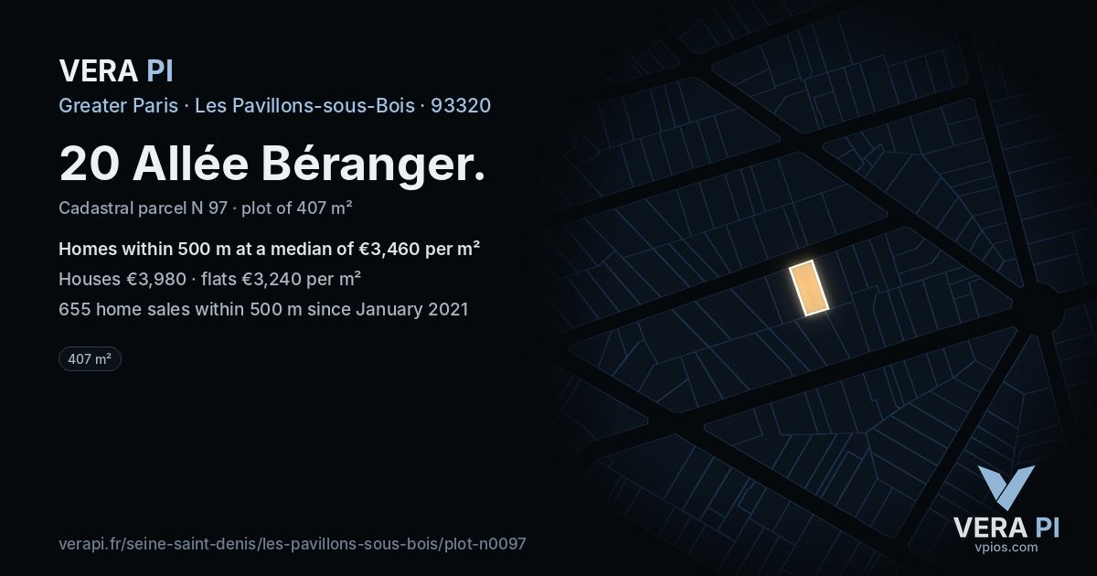 20 Allée Béranger, Les Pavillons-sous-Bois at night – the plot lit, the parcels around coloured by the prices near them