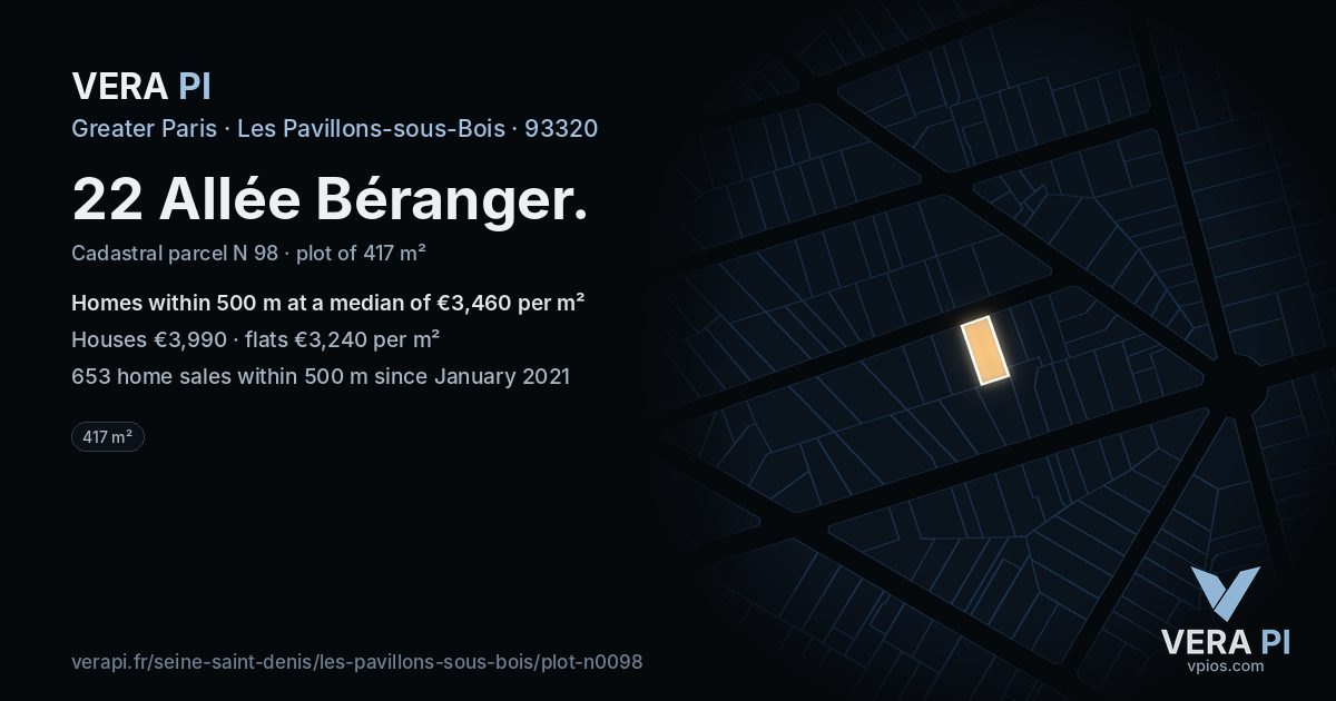 22 Allée Béranger, Les Pavillons-sous-Bois at night – the plot lit, the parcels around coloured by the prices near them