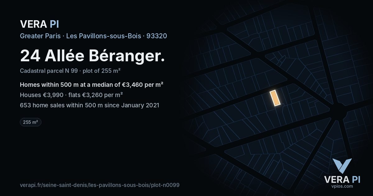 24 Allée Béranger, Les Pavillons-sous-Bois at night – the plot lit, the parcels around coloured by the prices near them