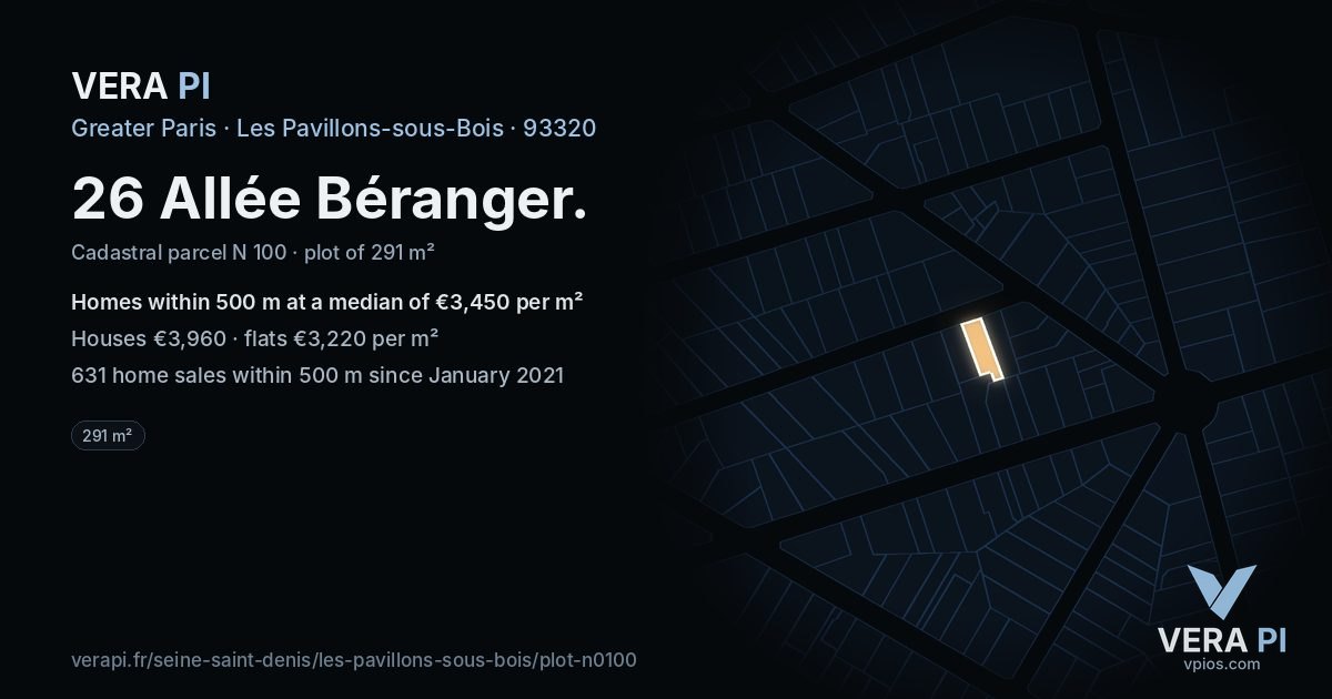 26 Allée Béranger, Les Pavillons-sous-Bois at night – the plot lit, the parcels around coloured by the prices near them