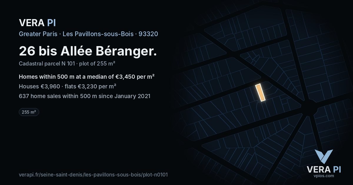 26 bis Allée Béranger, Les Pavillons-sous-Bois at night – the plot lit, the parcels around coloured by the prices near them