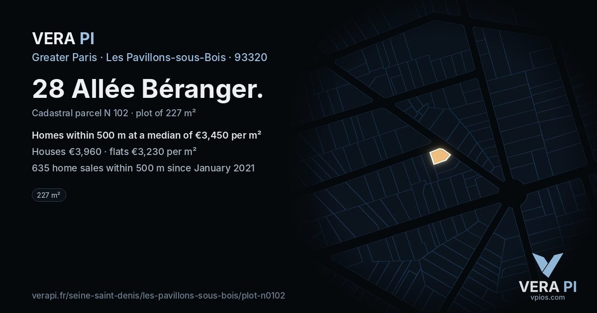 28 Allée Béranger, Les Pavillons-sous-Bois at night – the plot lit, the parcels around coloured by the prices near them