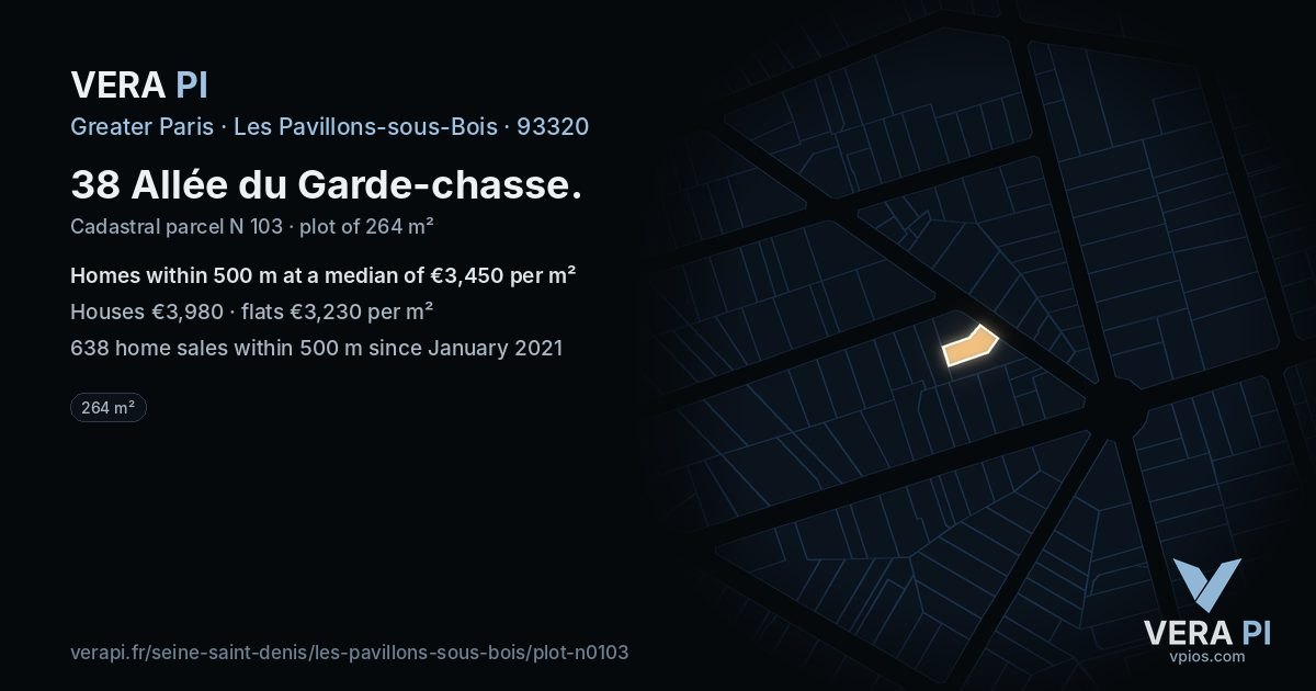 38 Allée du Garde-chasse, Les Pavillons-sous-Bois at night – the plot lit, the parcels around coloured by the prices near them