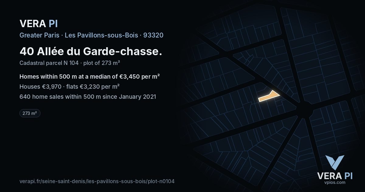 40 Allée du Garde-chasse, Les Pavillons-sous-Bois at night – the plot lit, the parcels around coloured by the prices near them