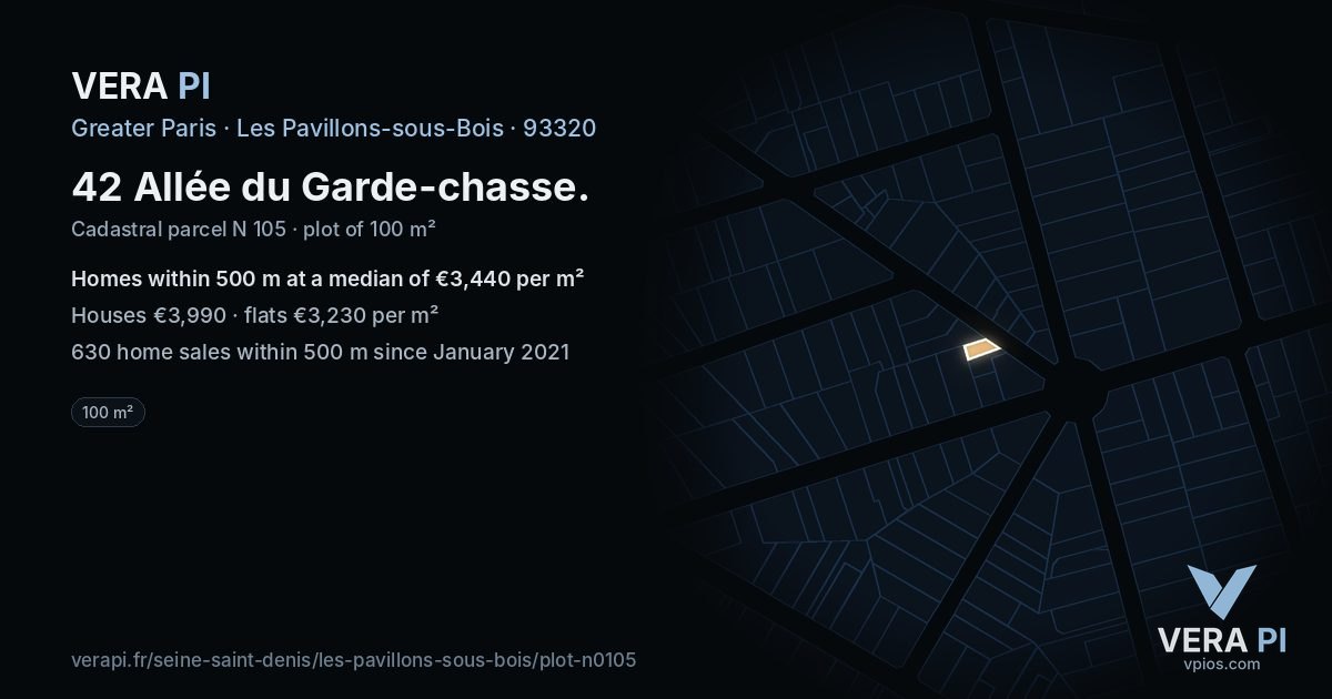 42 Allée du Garde-chasse, Les Pavillons-sous-Bois at night – the plot lit, the parcels around coloured by the prices near them
