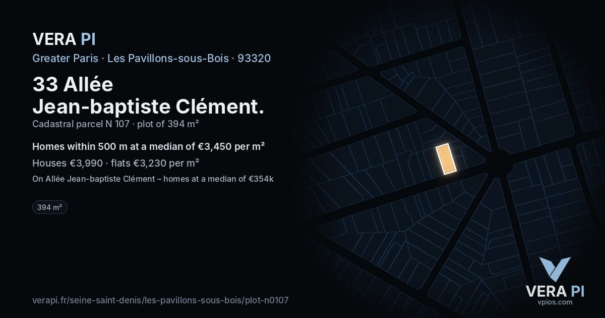 33 Allée Jean-baptiste Clément, Les Pavillons-sous-Bois at night – the plot lit, the parcels around coloured by the prices near them