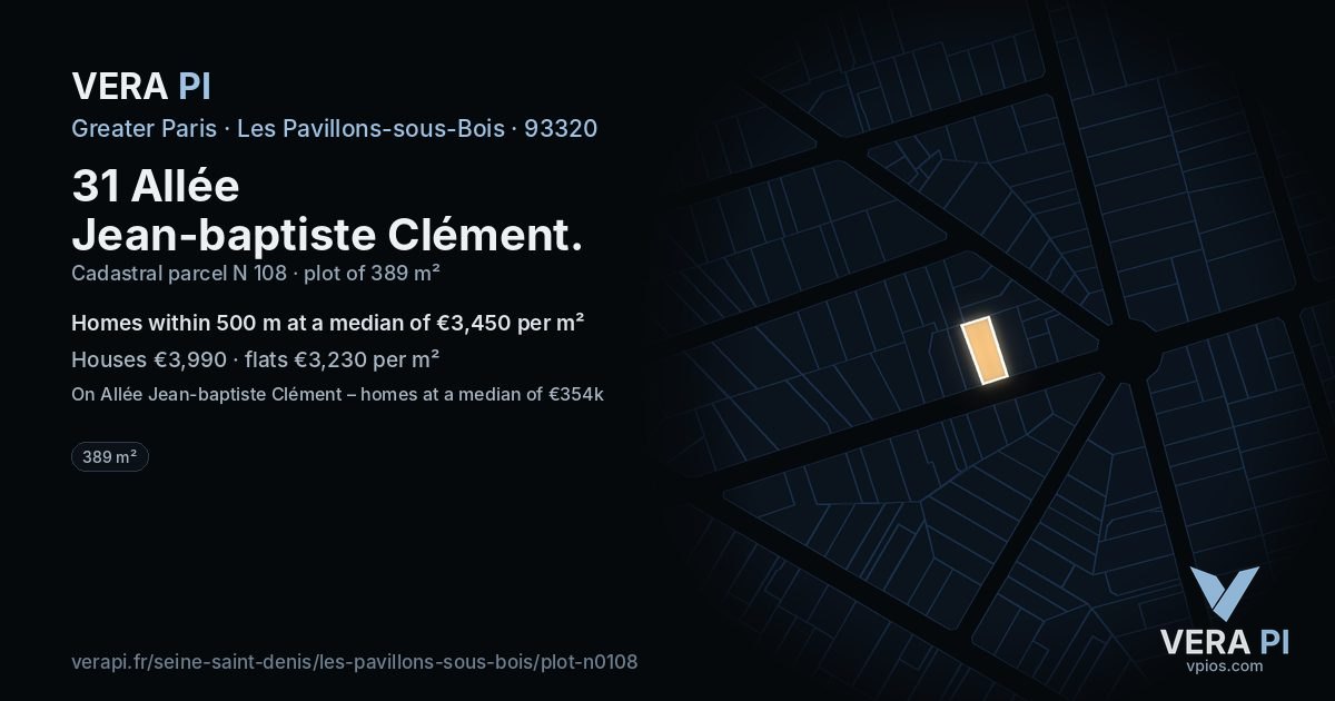 31 Allée Jean-baptiste Clément, Les Pavillons-sous-Bois at night – the plot lit, the parcels around coloured by the prices near them