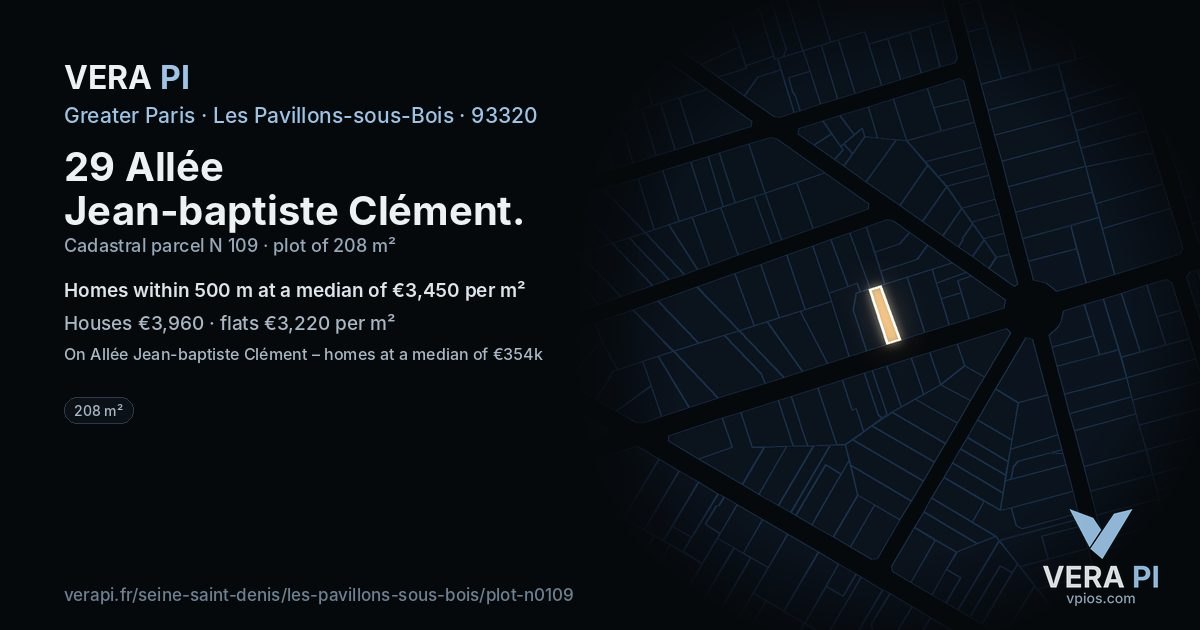 29 Allée Jean-baptiste Clément, Les Pavillons-sous-Bois at night – the plot lit, the parcels around coloured by the prices near them