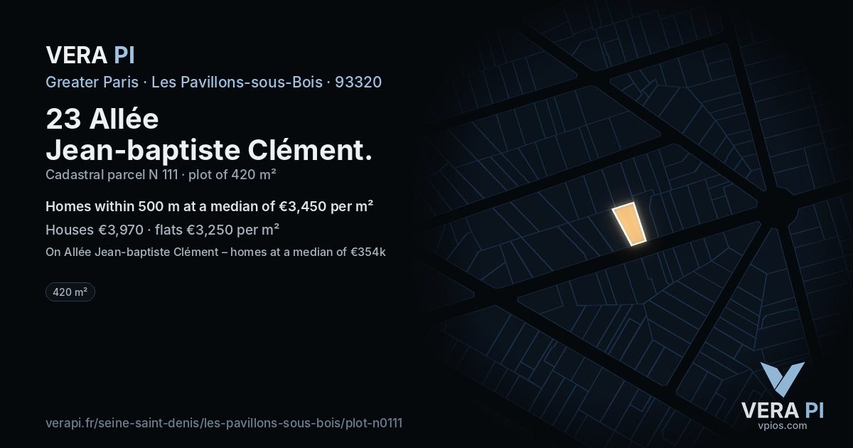 23 Allée Jean-baptiste Clément, Les Pavillons-sous-Bois at night – the plot lit, the parcels around coloured by the prices near them