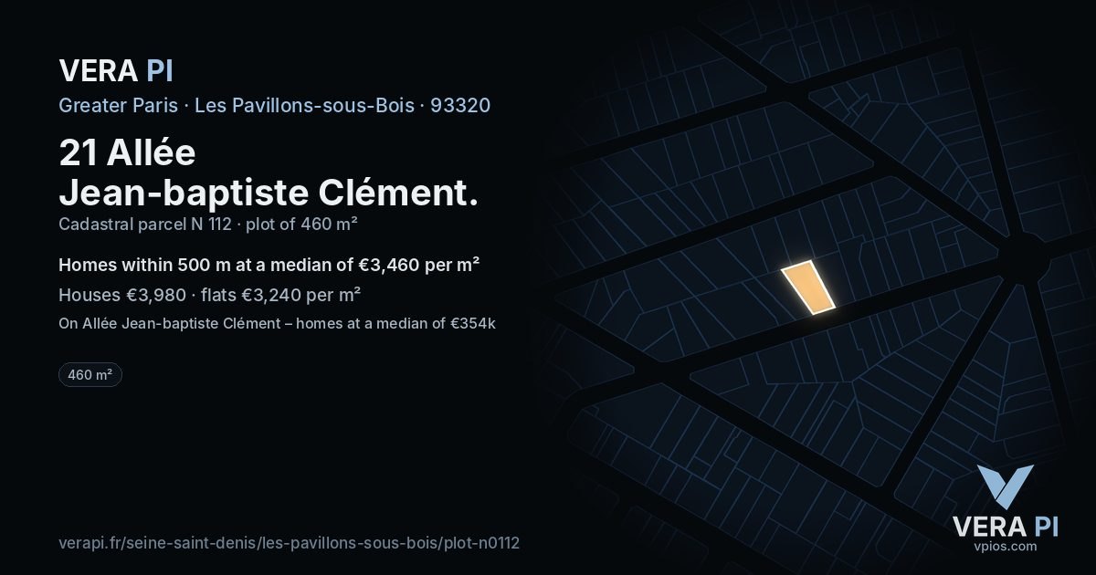 21 Allée Jean-baptiste Clément, Les Pavillons-sous-Bois at night – the plot lit, the parcels around coloured by the prices near them