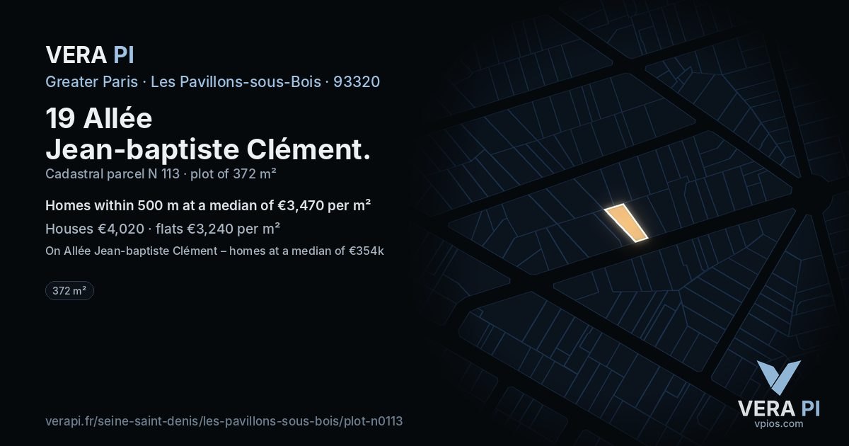 19 Allée Jean-baptiste Clément, Les Pavillons-sous-Bois at night – the plot lit, the parcels around coloured by the prices near them