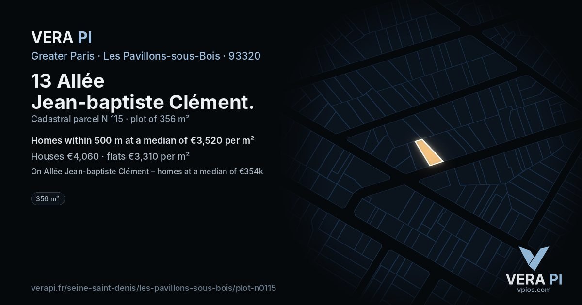 13 Allée Jean-baptiste Clément, Les Pavillons-sous-Bois at night – the plot lit, the parcels around coloured by the prices near them