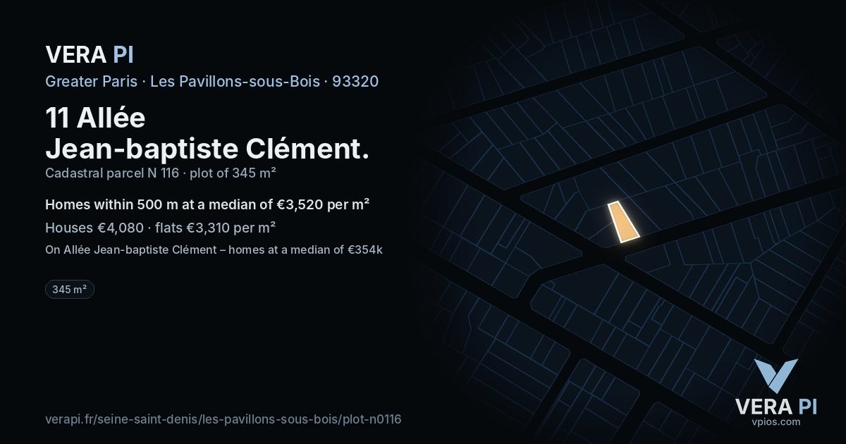 11 Allée Jean-baptiste Clément, Les Pavillons-sous-Bois at night – the plot lit, the parcels around coloured by the prices near them