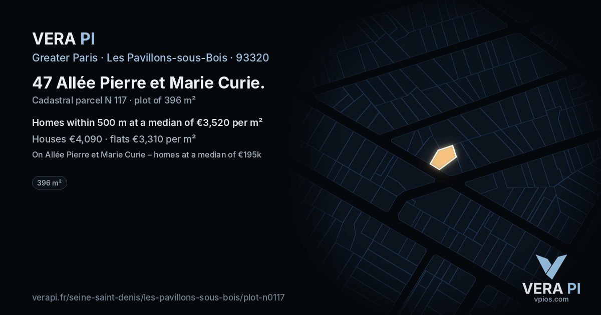 47 Allée Pierre et Marie Curie, Les Pavillons-sous-Bois at night – the plot lit, the parcels around coloured by the prices near them