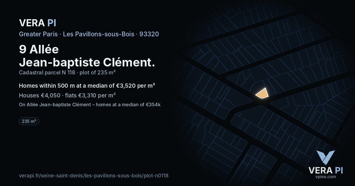 9 Allée Jean-baptiste Clément, Les Pavillons-sous-Bois at night – the plot lit, the parcels around coloured by the prices near them