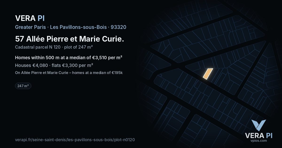 57 Allée Pierre et Marie Curie, Les Pavillons-sous-Bois at night – the plot lit, the parcels around coloured by the prices near them