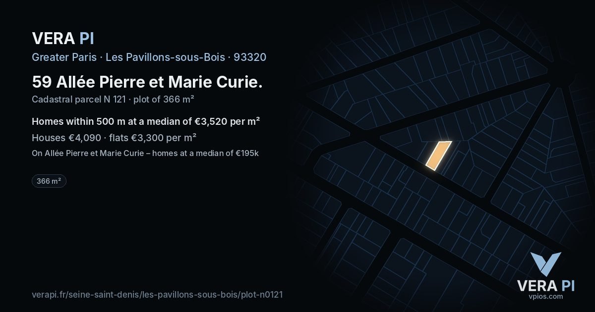 59 Allée Pierre et Marie Curie, Les Pavillons-sous-Bois at night – the plot lit, the parcels around coloured by the prices near them