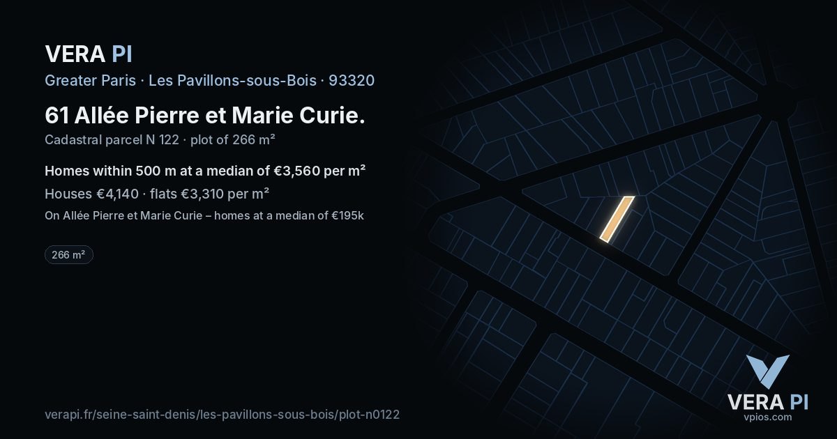 61 Allée Pierre et Marie Curie, Les Pavillons-sous-Bois at night – the plot lit, the parcels around coloured by the prices near them