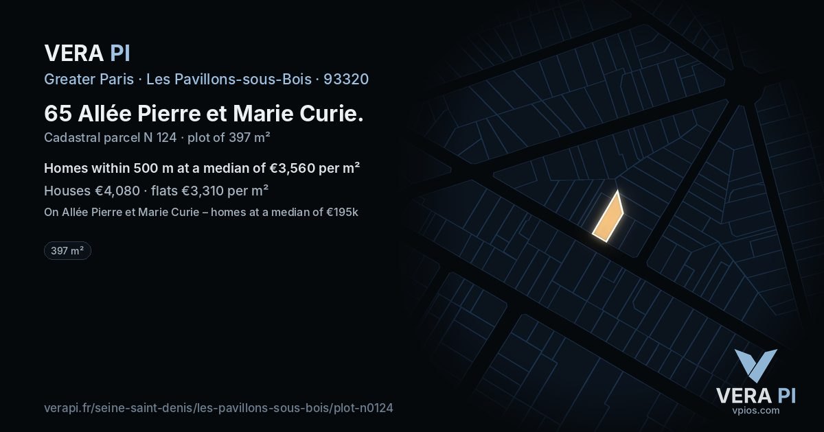 65 Allée Pierre et Marie Curie, Les Pavillons-sous-Bois at night – the plot lit, the parcels around coloured by the prices near them