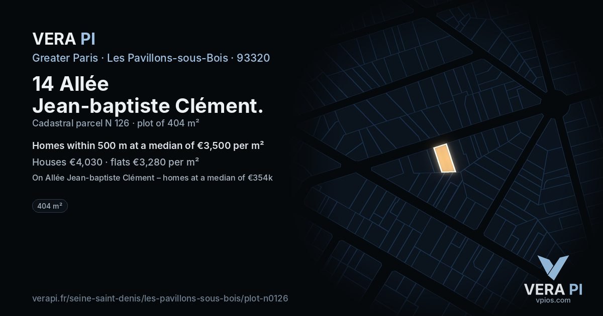 14 Allée Jean-baptiste Clément, Les Pavillons-sous-Bois at night – the plot lit, the parcels around coloured by the prices near them