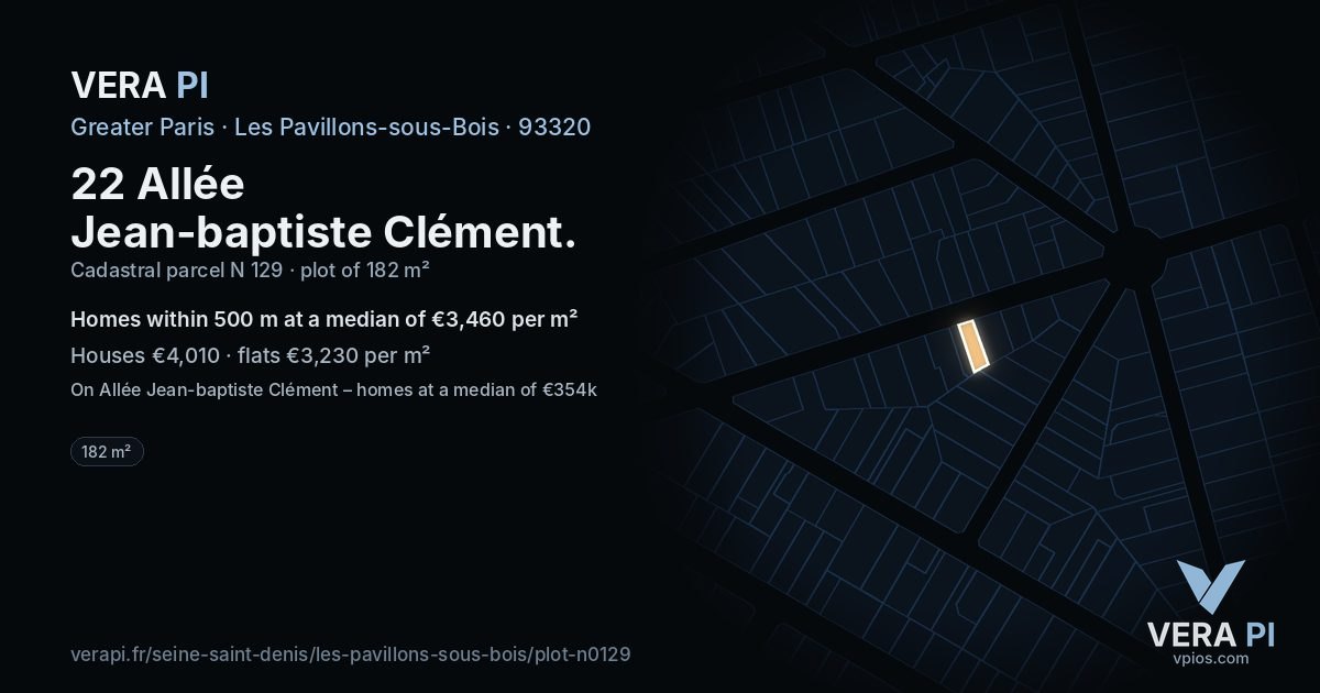 22 Allée Jean-baptiste Clément, Les Pavillons-sous-Bois at night – the plot lit, the parcels around coloured by the prices near them