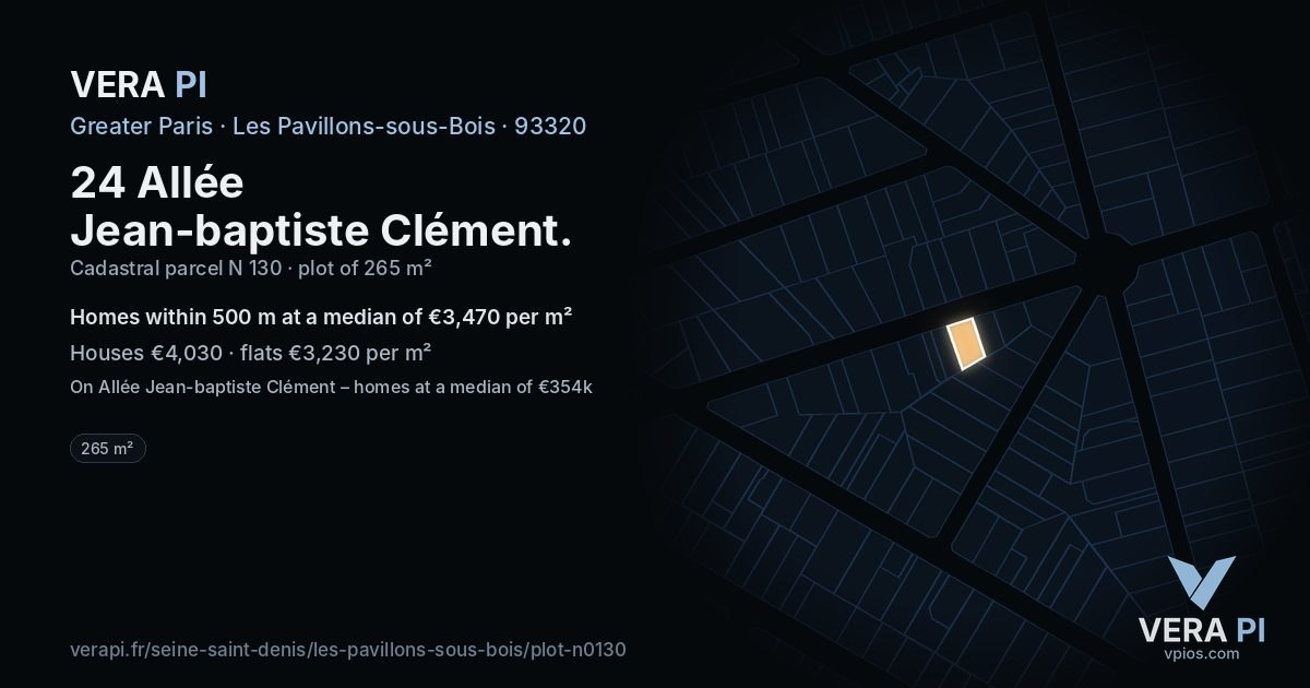 24 Allée Jean-baptiste Clément, Les Pavillons-sous-Bois at night – the plot lit, the parcels around coloured by the prices near them