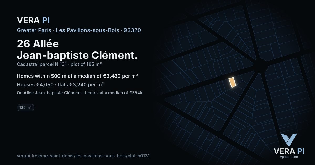 26 Allée Jean-baptiste Clément, Les Pavillons-sous-Bois at night – the plot lit, the parcels around coloured by the prices near them