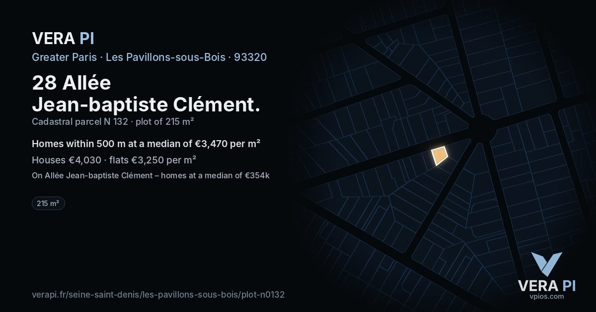 28 Allée Jean-baptiste Clément, Les Pavillons-sous-Bois at night – the plot lit, the parcels around coloured by the prices near them