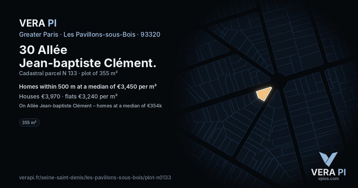 30 Allée Jean-baptiste Clément, Les Pavillons-sous-Bois at night – the plot lit, the parcels around coloured by the prices near them