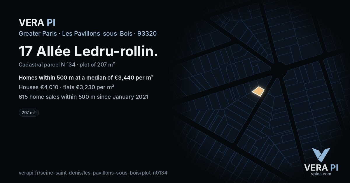 17 Allée Ledru-rollin, Les Pavillons-sous-Bois at night – the plot lit, the parcels around coloured by the prices near them