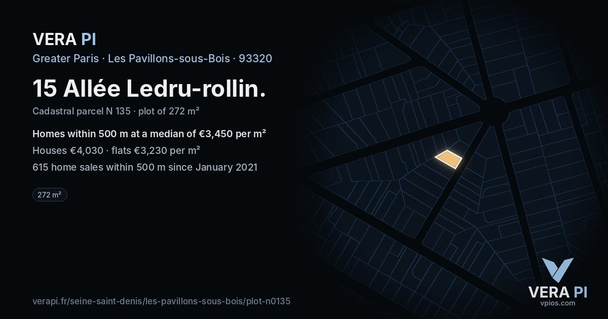 15 Allée Ledru-rollin, Les Pavillons-sous-Bois at night – the plot lit, the parcels around coloured by the prices near them