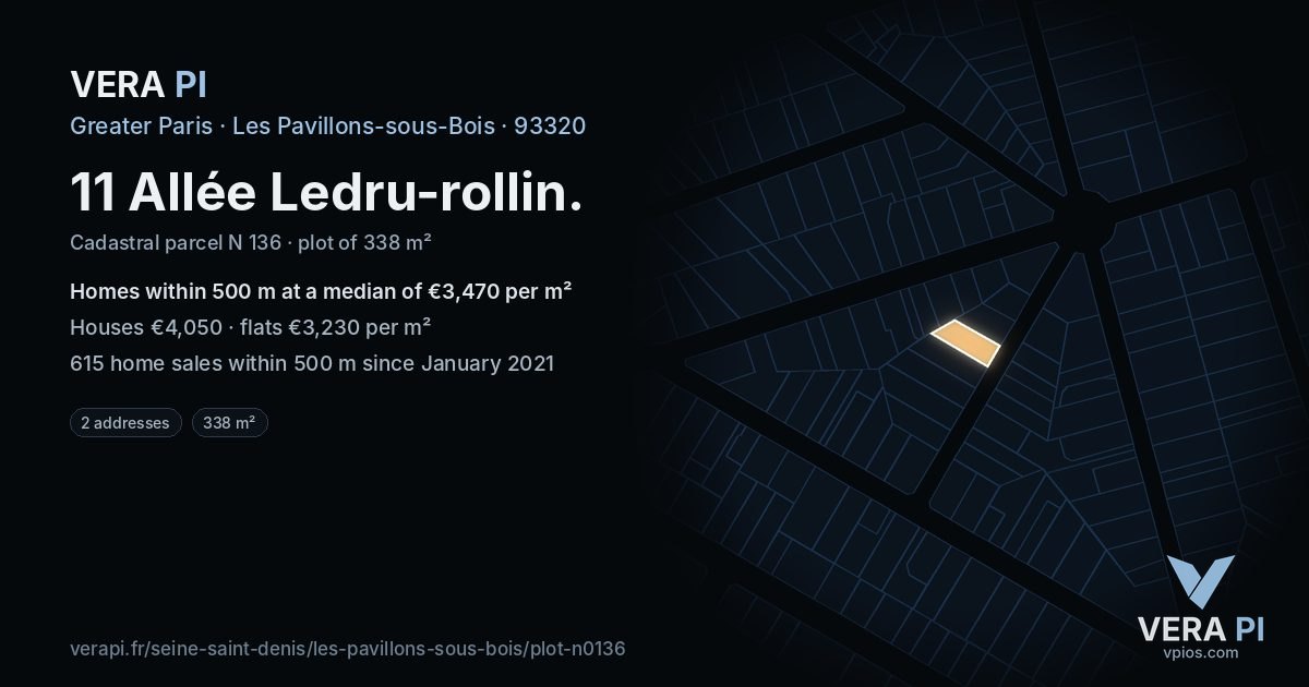 11 Allée Ledru-rollin, Les Pavillons-sous-Bois at night – the plot lit, the parcels around coloured by the prices near them