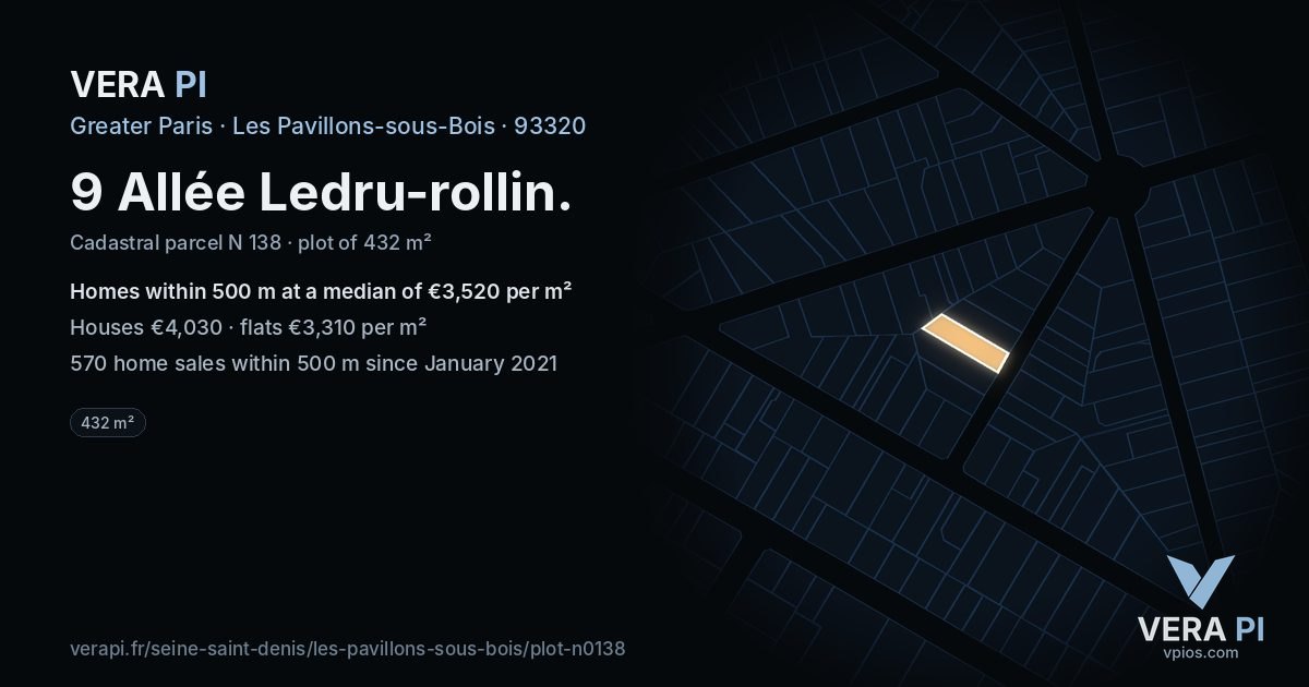 9 Allée Ledru-rollin, Les Pavillons-sous-Bois at night – the plot lit, the parcels around coloured by the prices near them