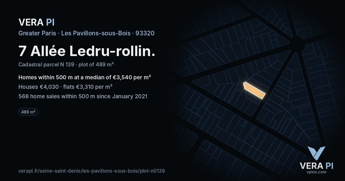 7 Allée Ledru-rollin, Les Pavillons-sous-Bois at night – the plot lit, the parcels around coloured by the prices near them