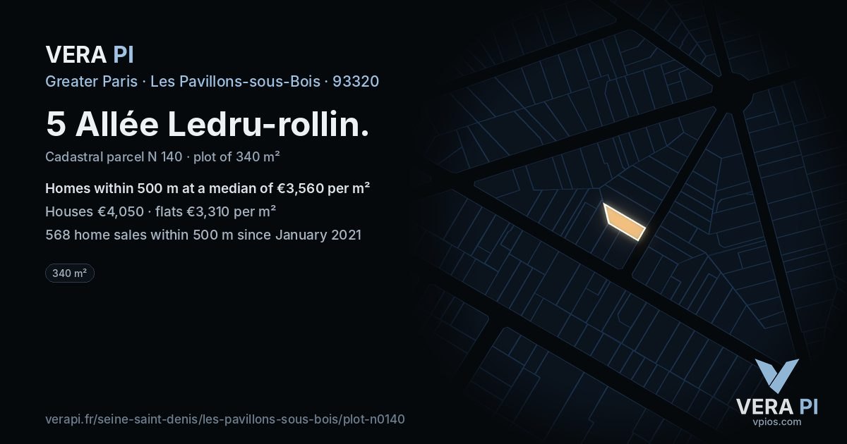 5 Allée Ledru-rollin, Les Pavillons-sous-Bois at night – the plot lit, the parcels around coloured by the prices near them