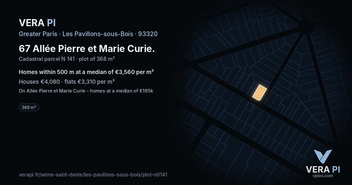 67 Allée Pierre et Marie Curie, Les Pavillons-sous-Bois at night – the plot lit, the parcels around coloured by the prices near them