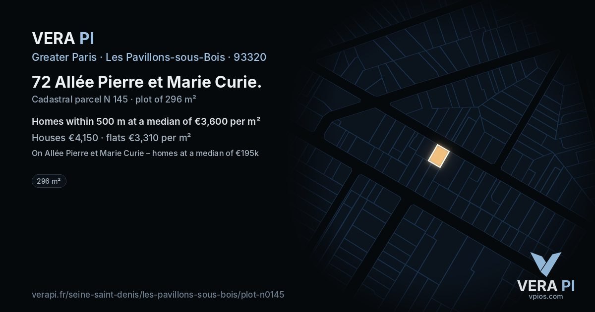 72 Allée Pierre et Marie Curie, Les Pavillons-sous-Bois at night – the plot lit, the parcels around coloured by the prices near them