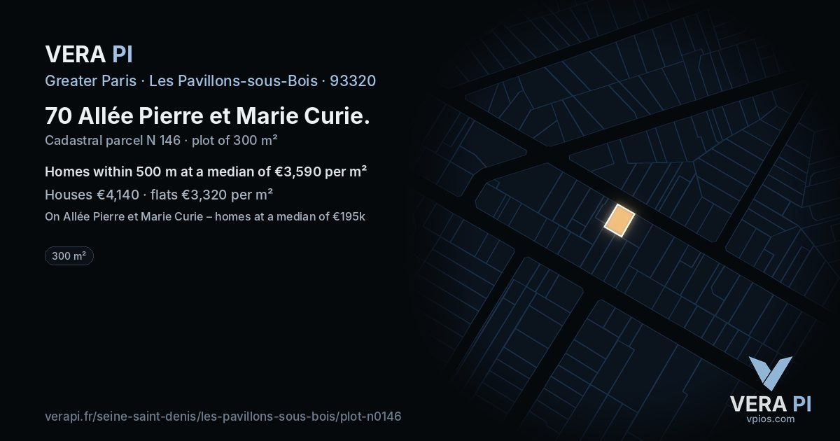 70 Allée Pierre et Marie Curie, Les Pavillons-sous-Bois at night – the plot lit, the parcels around coloured by the prices near them