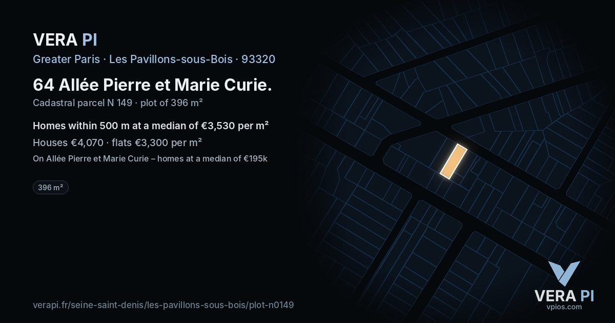 64 Allée Pierre et Marie Curie, Les Pavillons-sous-Bois at night – the plot lit, the parcels around coloured by the prices near them