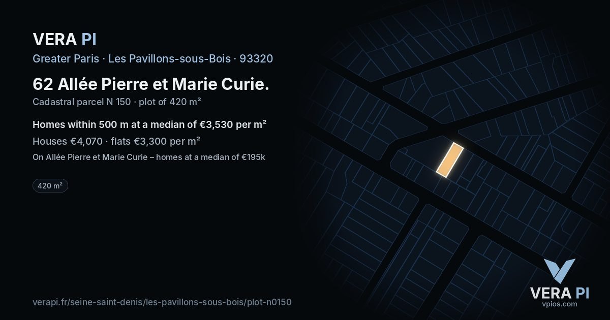 62 Allée Pierre et Marie Curie, Les Pavillons-sous-Bois at night – the plot lit, the parcels around coloured by the prices near them