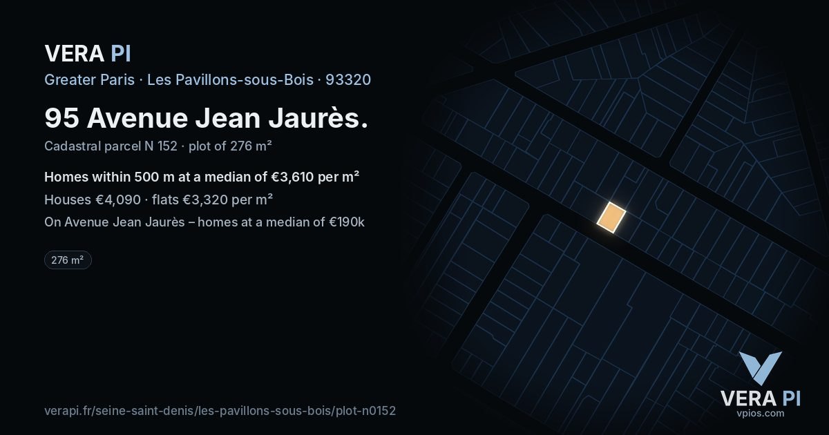 95 Avenue Jean Jaurès, Les Pavillons-sous-Bois at night – the plot lit, the parcels around coloured by the prices near them