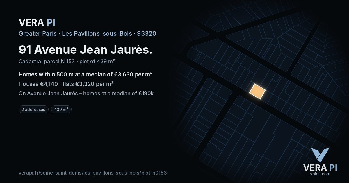 91 Avenue Jean Jaurès, Les Pavillons-sous-Bois at night – the plot lit, the parcels around coloured by the prices near them