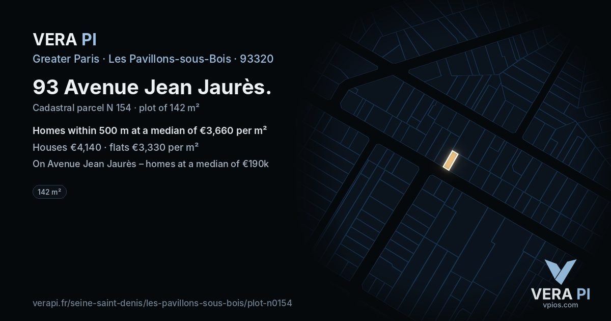 93 Avenue Jean Jaurès, Les Pavillons-sous-Bois at night – the plot lit, the parcels around coloured by the prices near them