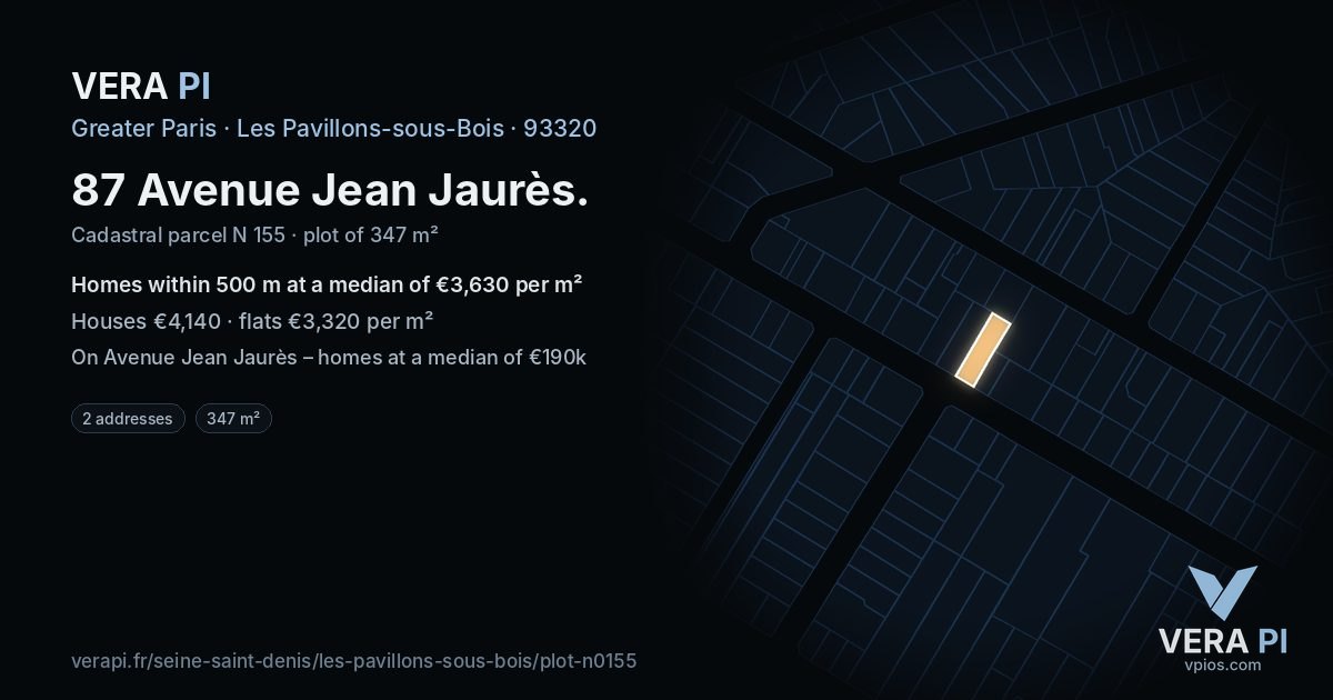 87 Avenue Jean Jaurès, Les Pavillons-sous-Bois at night – the plot lit, the parcels around coloured by the prices near them