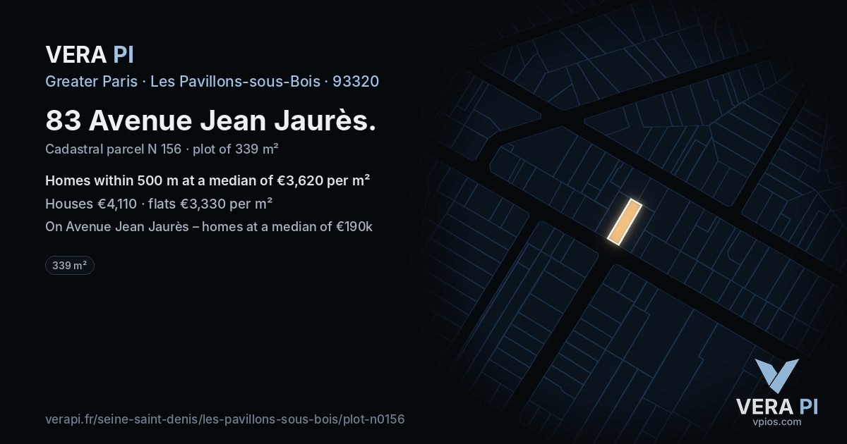 83 Avenue Jean Jaurès, Les Pavillons-sous-Bois at night – the plot lit, the parcels around coloured by the prices near them