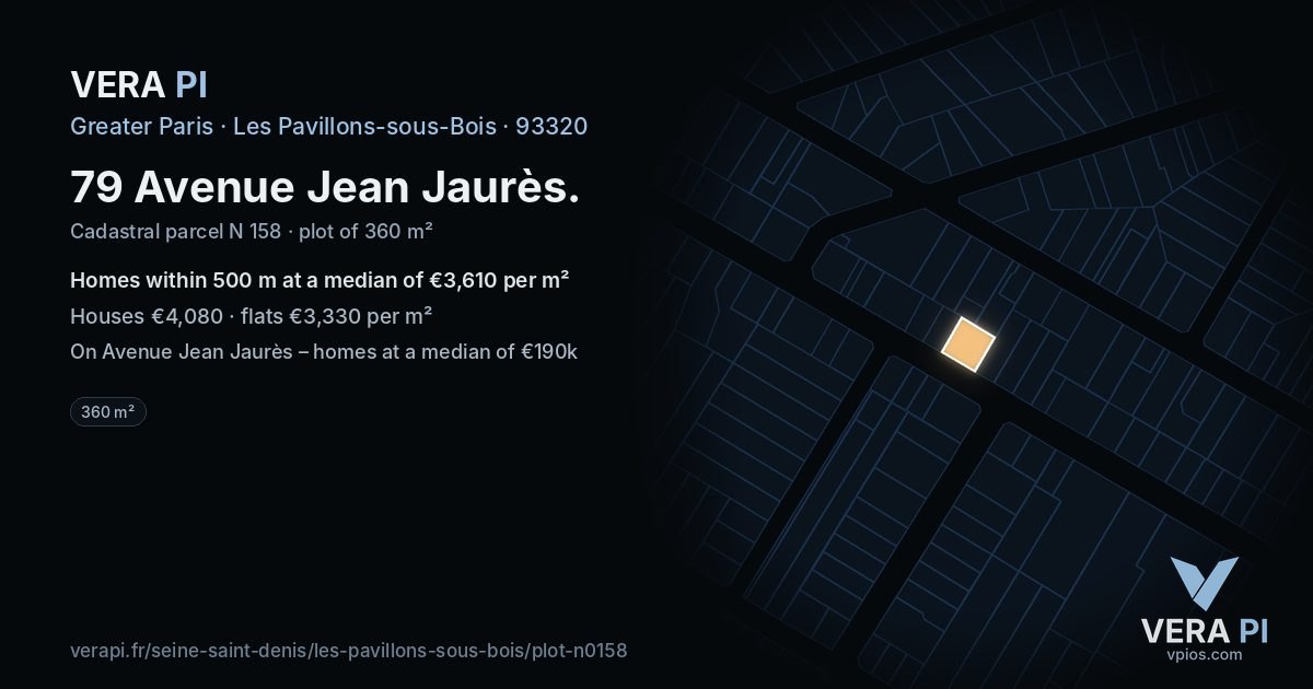 79 Avenue Jean Jaurès, Les Pavillons-sous-Bois at night – the plot lit, the parcels around coloured by the prices near them
