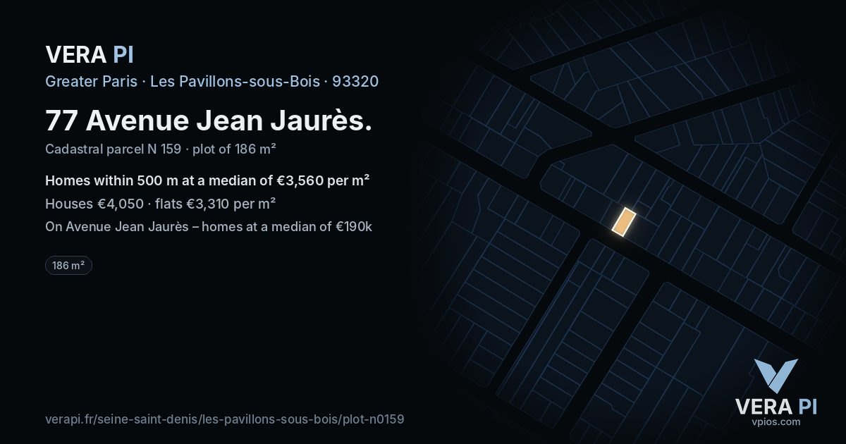 77 Avenue Jean Jaurès, Les Pavillons-sous-Bois at night – the plot lit, the parcels around coloured by the prices near them