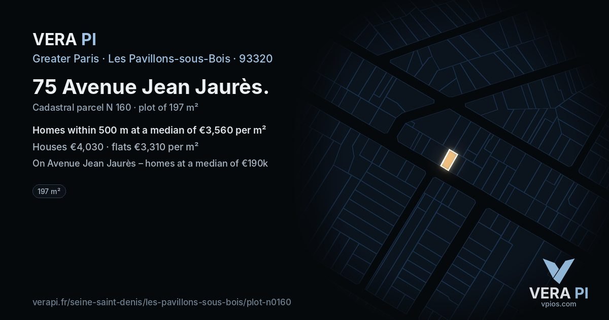 75 Avenue Jean Jaurès, Les Pavillons-sous-Bois at night – the plot lit, the parcels around coloured by the prices near them