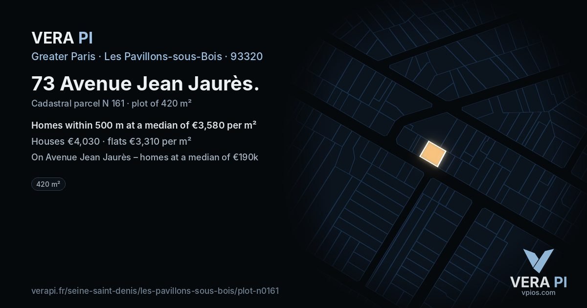 73 Avenue Jean Jaurès, Les Pavillons-sous-Bois at night – the plot lit, the parcels around coloured by the prices near them
