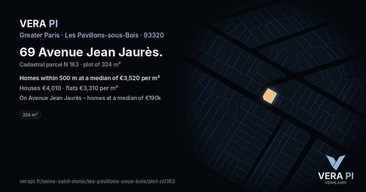 69 Avenue Jean Jaurès, Les Pavillons-sous-Bois at night – the plot lit, the parcels around coloured by the prices near them